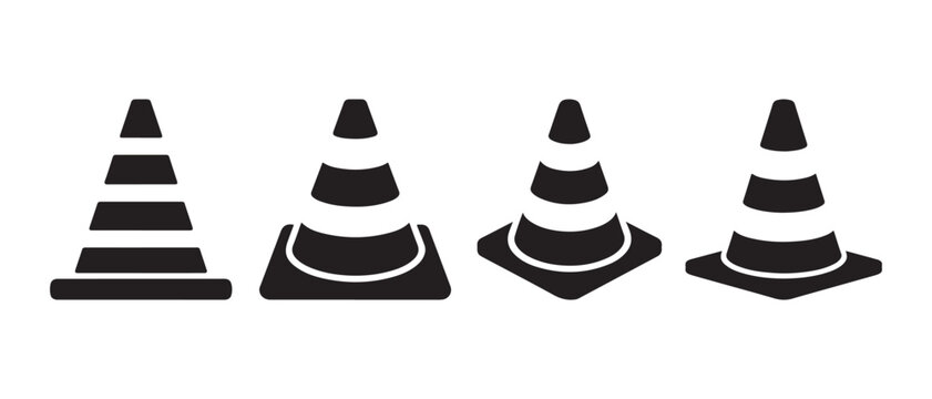 Set of traffic cone icons representing road construction and safety warnings in a minimalist flat style.