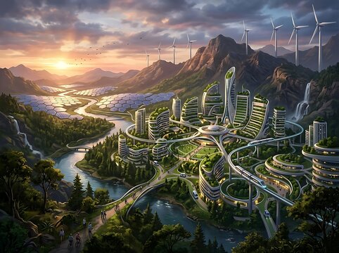 Futuristic eco city powered by giant solar fields and sleek wind turbines surrounded by nature, cinematic illustration
