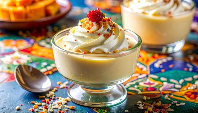 Miniature Tres Leches Cake Topped with Whipped Cream and Berries in a Glass Ramekin