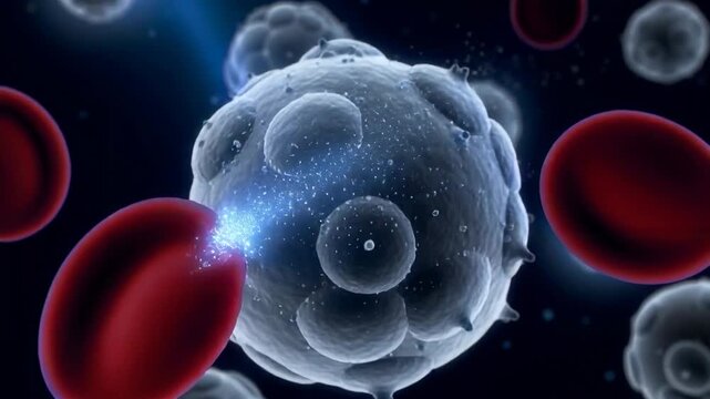 Close up animation of white blood cells interacting with red blood cells in the bloodstream