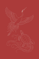 Fototapeta premium Crane and Turtle Line Art Vector, Terracotta and Beige, Japanese Auspicious Wall Art, AI Generated