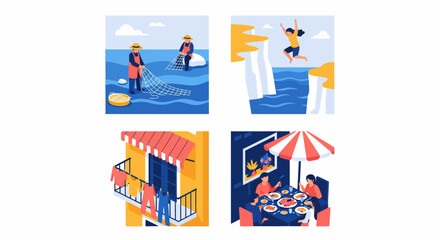 Naklejka premium Traditional Mediterranean Coastal Life Scenes showing Fishermen Cliff Jumping Balcony with Laundry and Outdoor Seafood Dinner Together