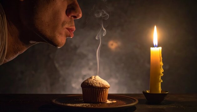 Person blowing out a single candle on a cupcake with smoke rising, celebrating a special moment