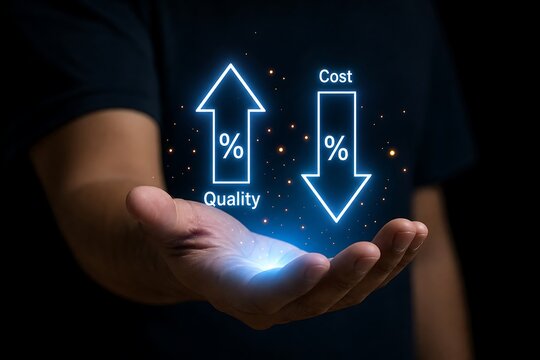 Person holding holographic symbols showing increased quality and decreased cost