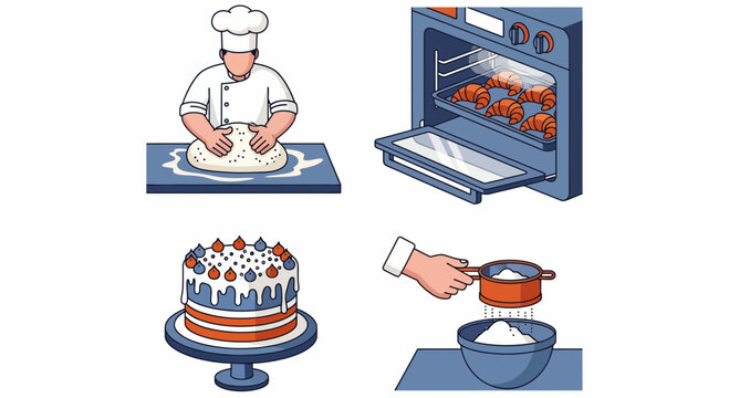Chef cook bake bun cake sift meal heat food art tool icon set pro job
