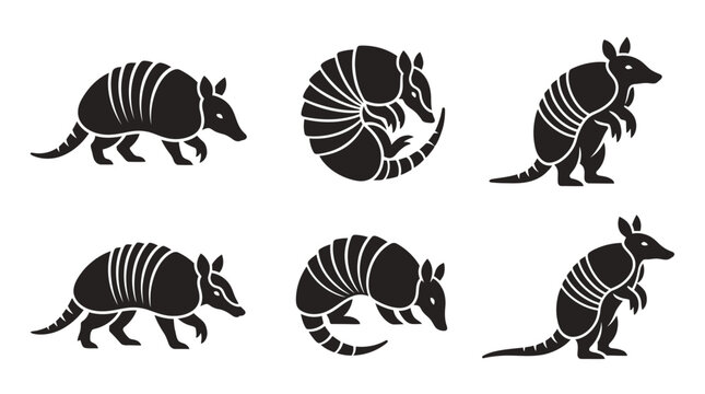 different black armadillo silhouettes on a clean white background, minimalist vector style.