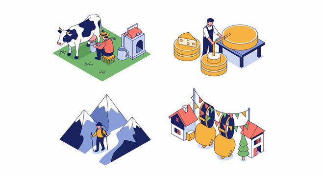 Alp cow milk curd hike hill peak hut bell flag work folk life sun ice