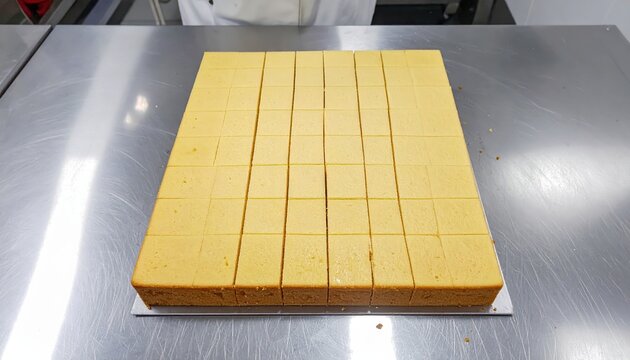 Precisely cut yellow sheet cake into uniform squares for easy serving at a corporate event