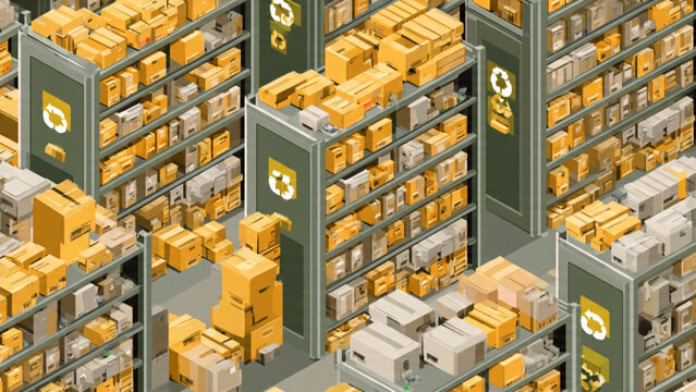 isometric warehouse storage with yellow boxes and gray shelves representing logistics and inventory management