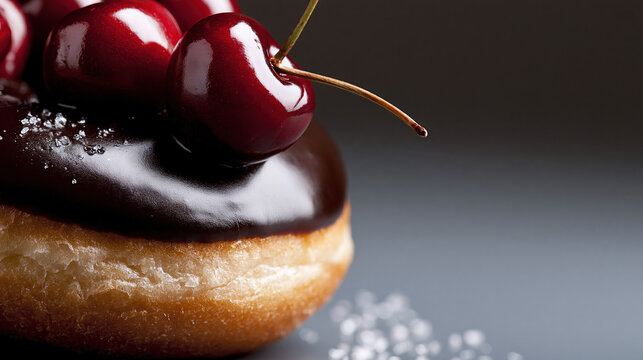 Close-up of chocolate-covered donut topped with cherry