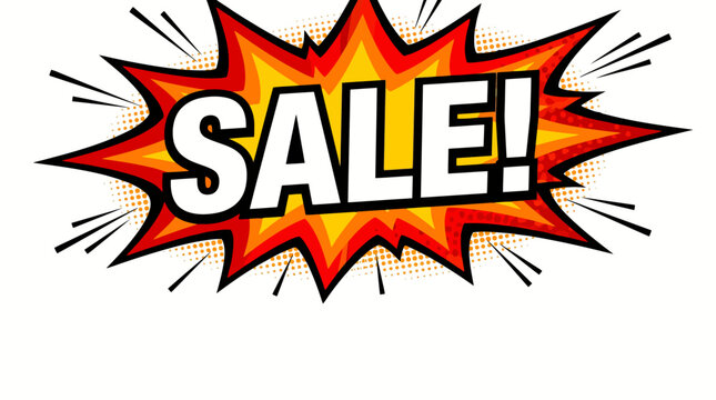 Vibrant pop art comic explosion graphic with bold 'SALE!' text, ideal for digital marketing campaigns, retail promotions, and special discount announcements
