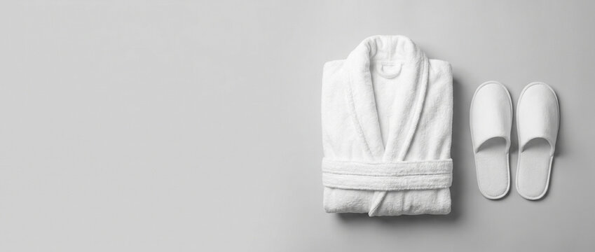 Flat lay of a folded white cotton bathrobe and matching hotel slippers on a light background. Spa, wellness, and hospitality concept with copy space