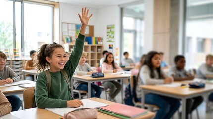 Fototapeta premium Cheerful girl raising hand in classroom during lesson at primary school