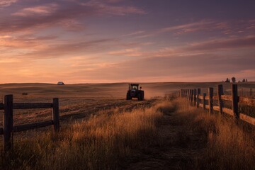 Naklejka premium Peaceful agricultural scene: tractor silhouette against a colorful sky