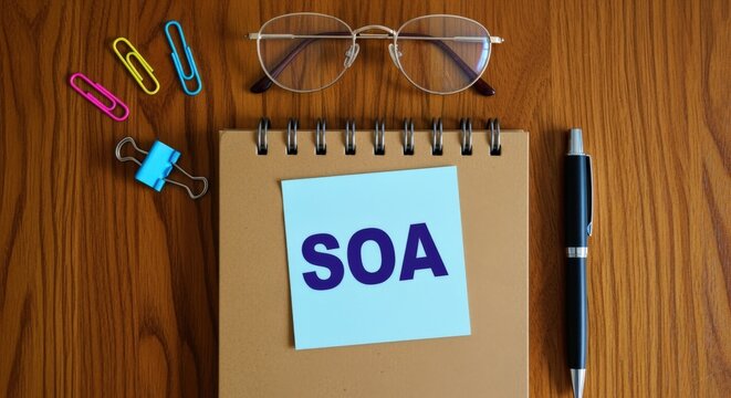 Top View of Glasses, Pen, Notebook with SOA Note and Paper Clips on Wooden Desk