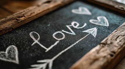 Fototapeta premium Photo of a chalkboard with hand-drawn love hearts and an arrow