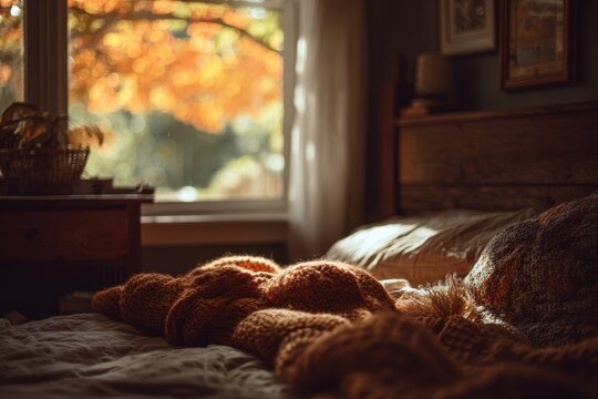 Peaceful sleeping scene in a cozy autumn bedroom with golden hour glow and leaves outside