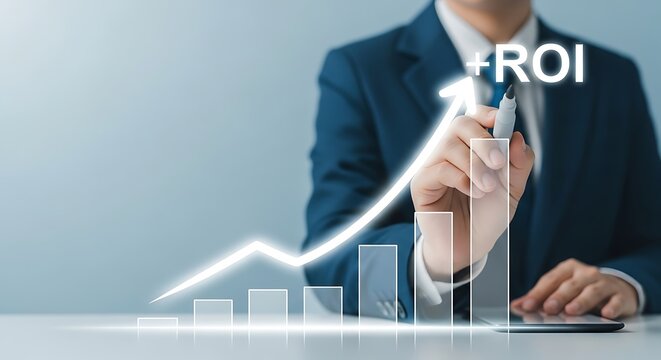 Businessman in a suit using a pen to draw a rising arrow on a digital roi chart for financial performance and business investment growth analysis