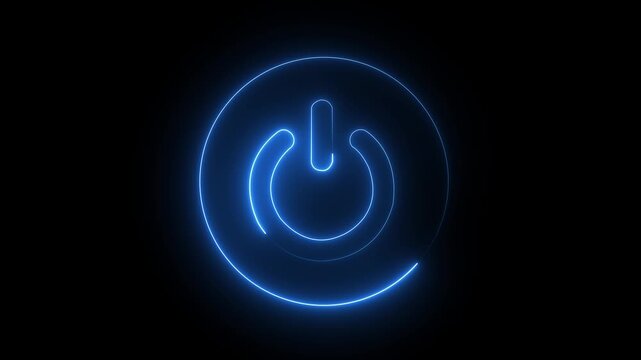 Neon power button animation. Animate power on off buttons with startup and shutdown effects .Neon glowing cyan color power button icon animated on a black background. HD video animation .