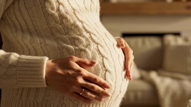 ニットを着た妊婦が室内で愛おしそうにお腹を撫でるマタニティフォト