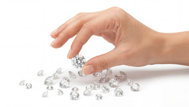 A hand carefully picking up a brilliant diamond among many sparkling gems, isolated on white background. Luxury jewelry selection