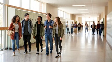Fototapeta premium Diverse high school students laughing while walking through a school hallway