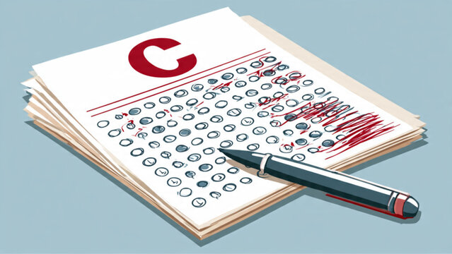 Multiple choice answer sheet with red marks and pen on gray background for exam or quiz testing