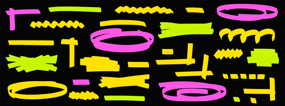 Highlight marker text patches with neon corner ovals and swipe shapes. Felt tip elements in pink yellow green for emphasis annotation. Vector highlight text marker collage on dark backdrop isolated.