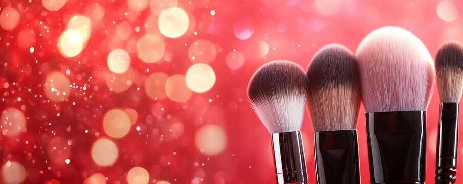 Banner of Makeup Brushes with Sparkling Bokeh Background