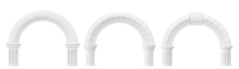 Naklejka premium Ancient Roman arches set isolated on background. Vector realistic illustration of classic white stone columns and pillar details, 3D Greek marble molding gateways, elegant presentation design elements