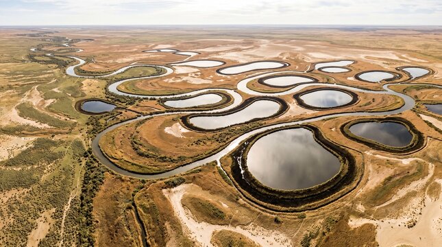 Aerial view of meandering river and oxbow lakes
