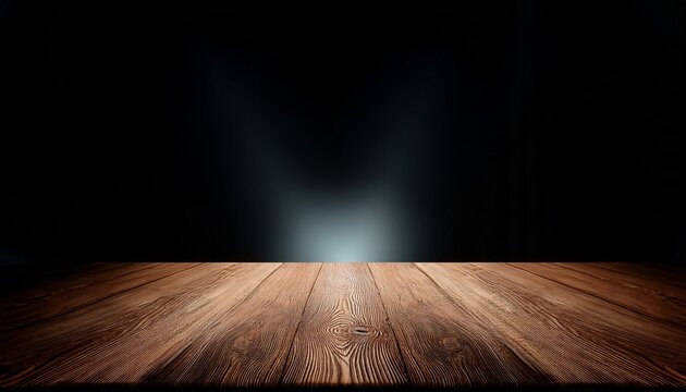 wooden table foreground with a black void backdrop flat perspective with light and shadow