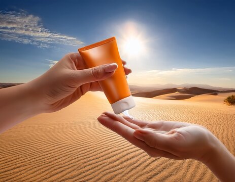 hands applying sunscreen lotion from a tube in a sunny desert landscape