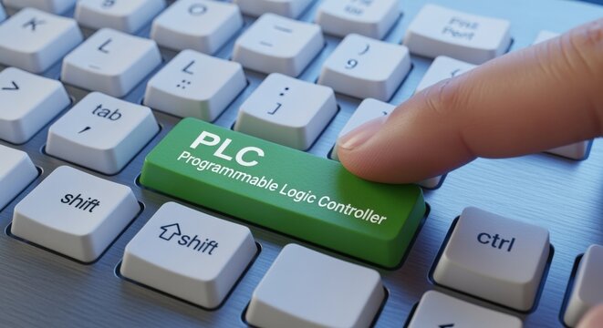 Finger pressing a green PLC programmable logic controller key on a computer keyboard