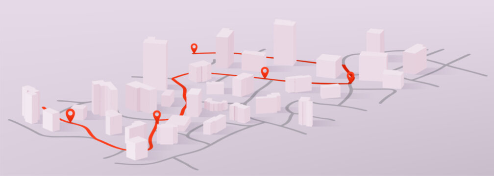 Isometric 3D city map with GPS navigation pins and route markers. Vector realistic illustration of mobile app navigator with delivery route, streets and buildings, travel location tracking technology