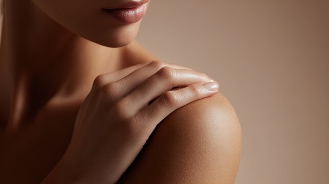Close up of woman's shoulder and collarbone with hand gently touching skin, soft lighting, sensual and elegant