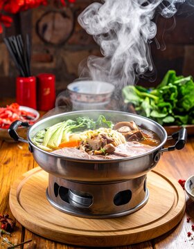 Mongolischer Hot Pot mit Fleisch, Gem&uuml;se und Br&uuml;he