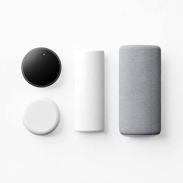 Minimal smart home device set with cylindrical speaker and round sensors isolated on transparent background
