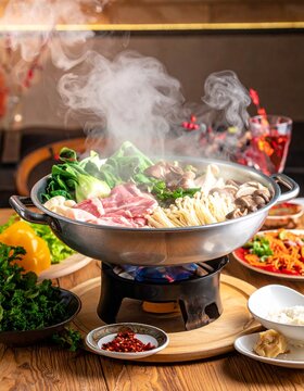 Mongolischer Hot Pot mit Fleisch, Gem&uuml;se und Br&uuml;he