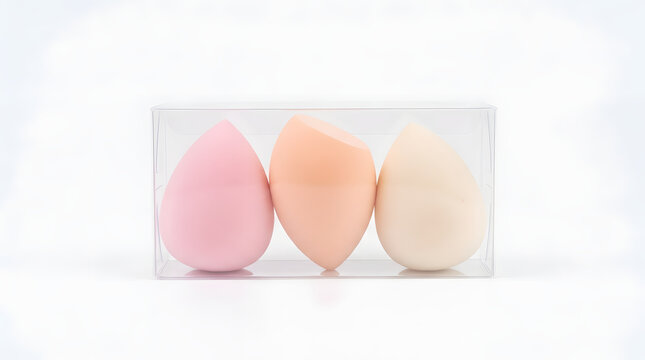 Set of three cosmetic makeup blending sponges in light pink, peach, and cream colors, presented in a clear plastic case