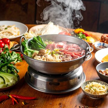 Mongolischer Hot Pot mit Fleisch, Gem&uuml;se und Br&uuml;he