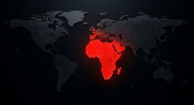 Dark map with a glowing red highlighted african continent representing regional crisis, health emergency, or geopolitical focus in the area