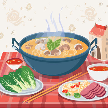 Mongolischer Hot Pot mit Fleisch, Gem&uuml;se und Br&uuml;he