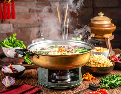 Mongolischer Hot Pot mit Fleisch, Gem&uuml;se und Br&uuml;he