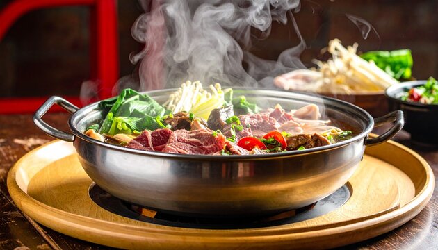 Mongolischer Hot Pot mit Fleisch, Gem&uuml;se und Br&uuml;he
