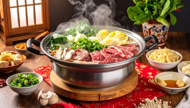 Mongolischer Hot Pot mit Fleisch, Gem&uuml;se und Br&uuml;he