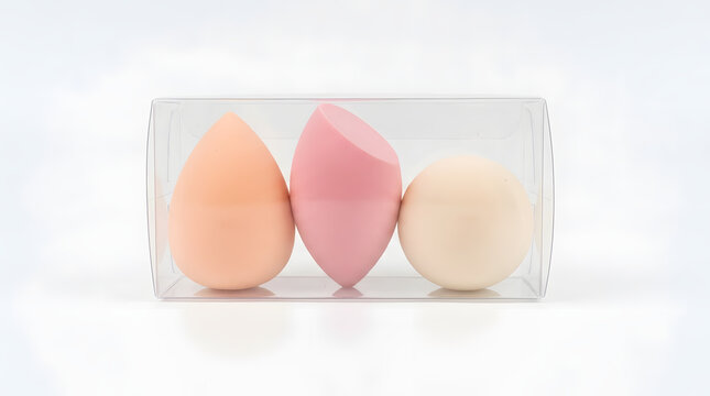 Three colorful cosmetic sponges in a clear plastic case, perfect for makeup application and blending