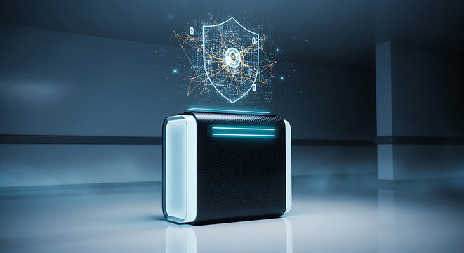 Futuristic hightech server with glowing blue holographic shield icon representing cybersecurity data protection and network firewall in a dark lab