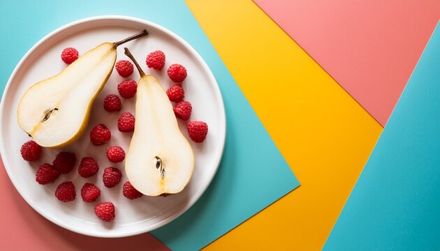halved pear and raspberries on a white plate top down view against a pastel geometric background