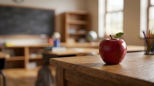 Fresh red apple on a wooden desk inside a blurred classroom for education